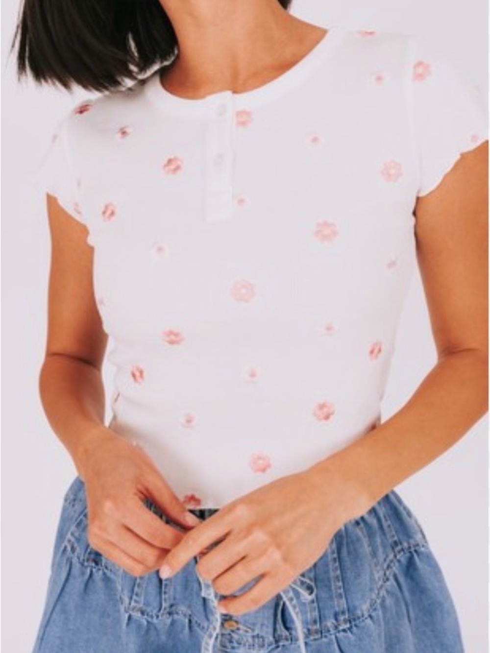 White Floral Henley Tee - Women Tops